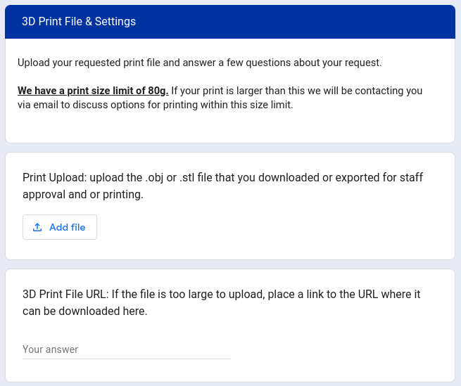 Screenshot of Print File and Settings options on Re3D request form
