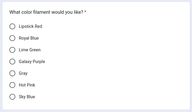 Screenshot of Filament color options on Re3D request form