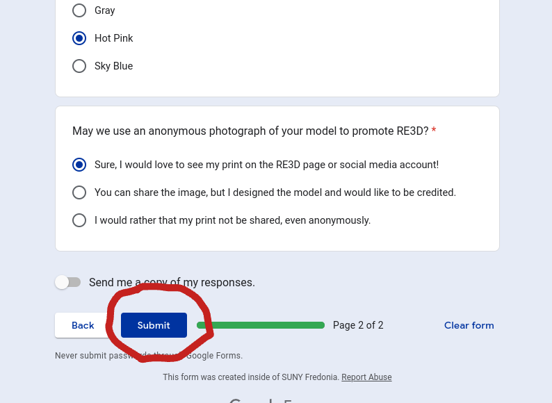 Screenshot of Re3D Print Request Form submit button