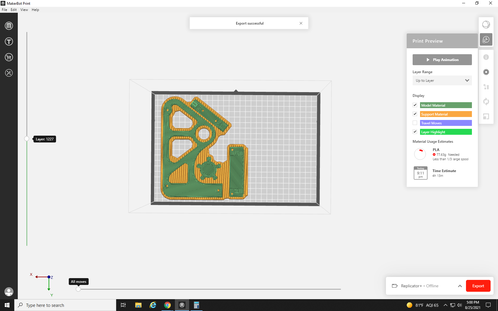 Screenshot showing the export was successful in MakerBot Print