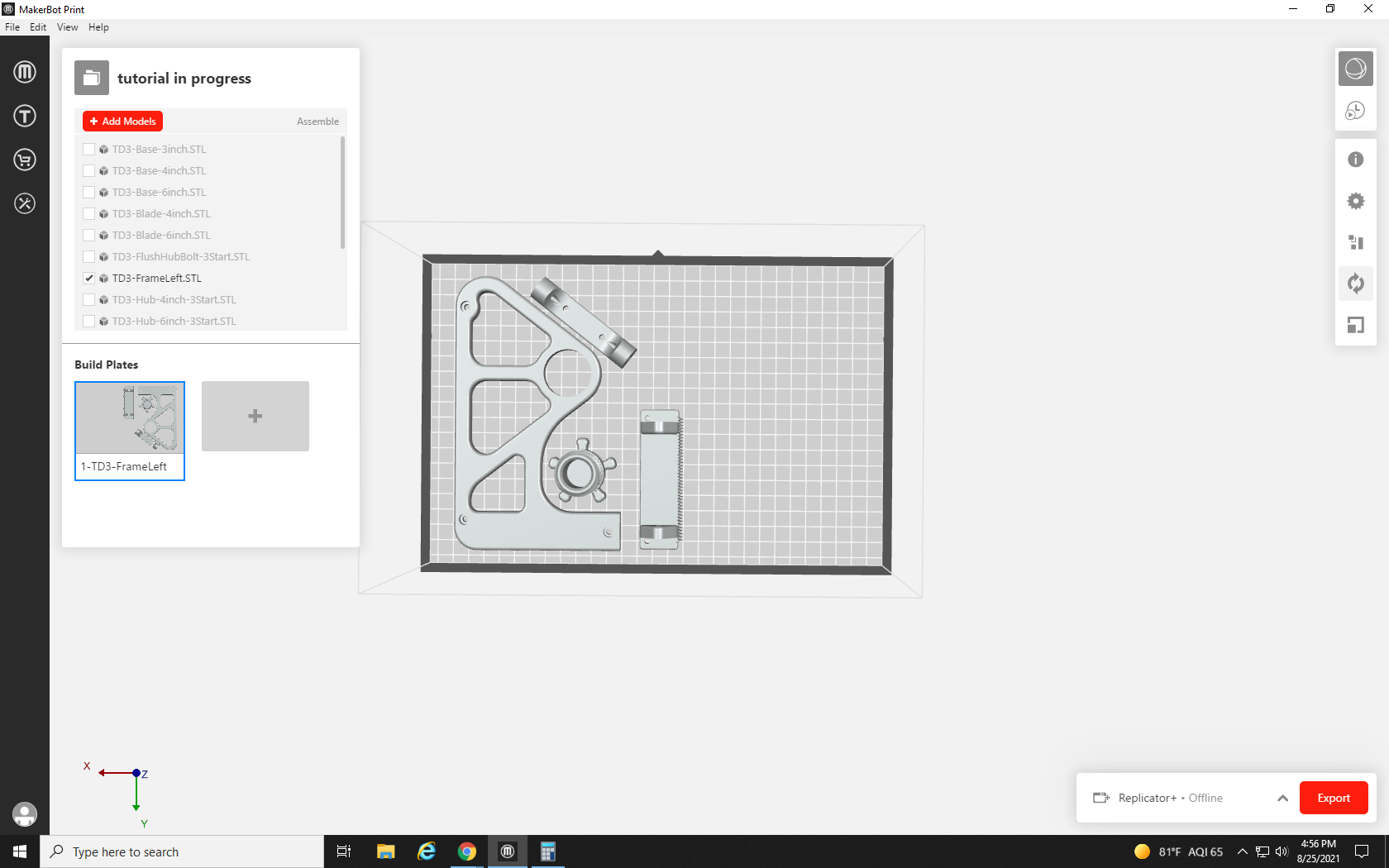 Screenshot of build plate in MakerBot Print with half the objects removed