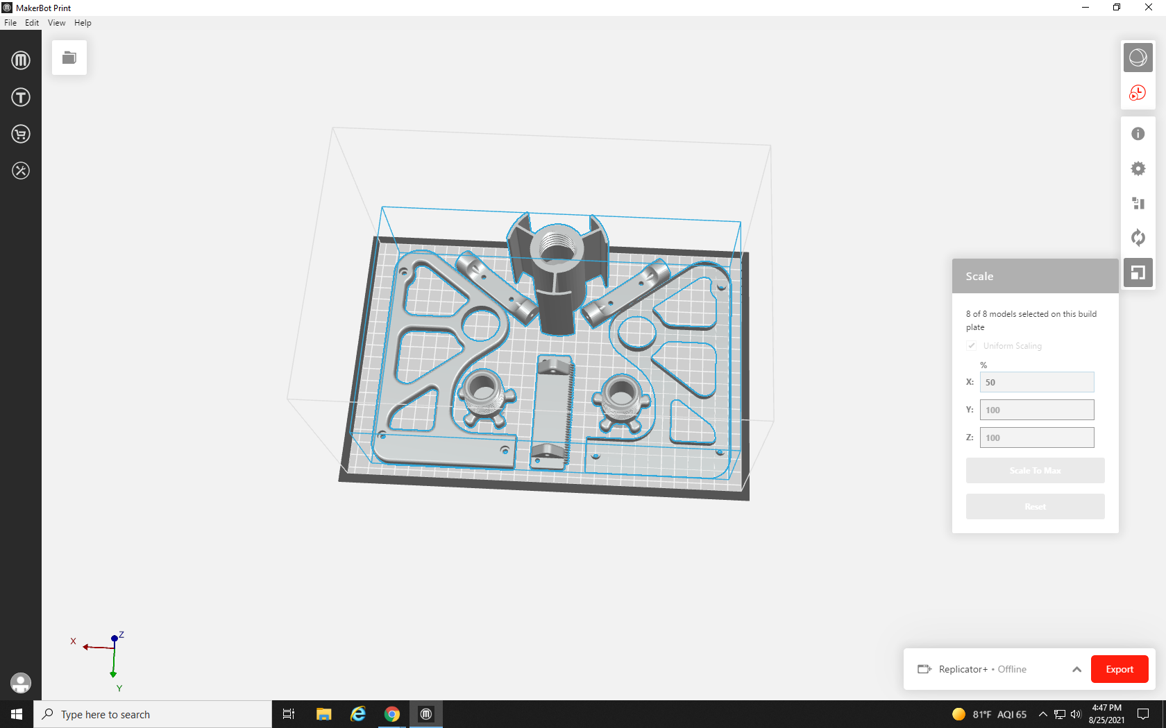 Screenshot showing uniform scaling for a group of objects on the MakerBot Print build plate