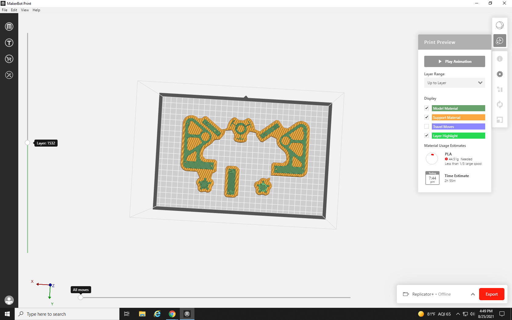 Screenshot showing Print Preview of scaled down objects in MakerBot Print