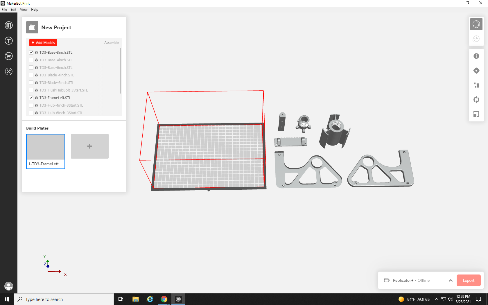 Screenshot of Build Plate 1, now the only build plate, with all parts next to it on the right.