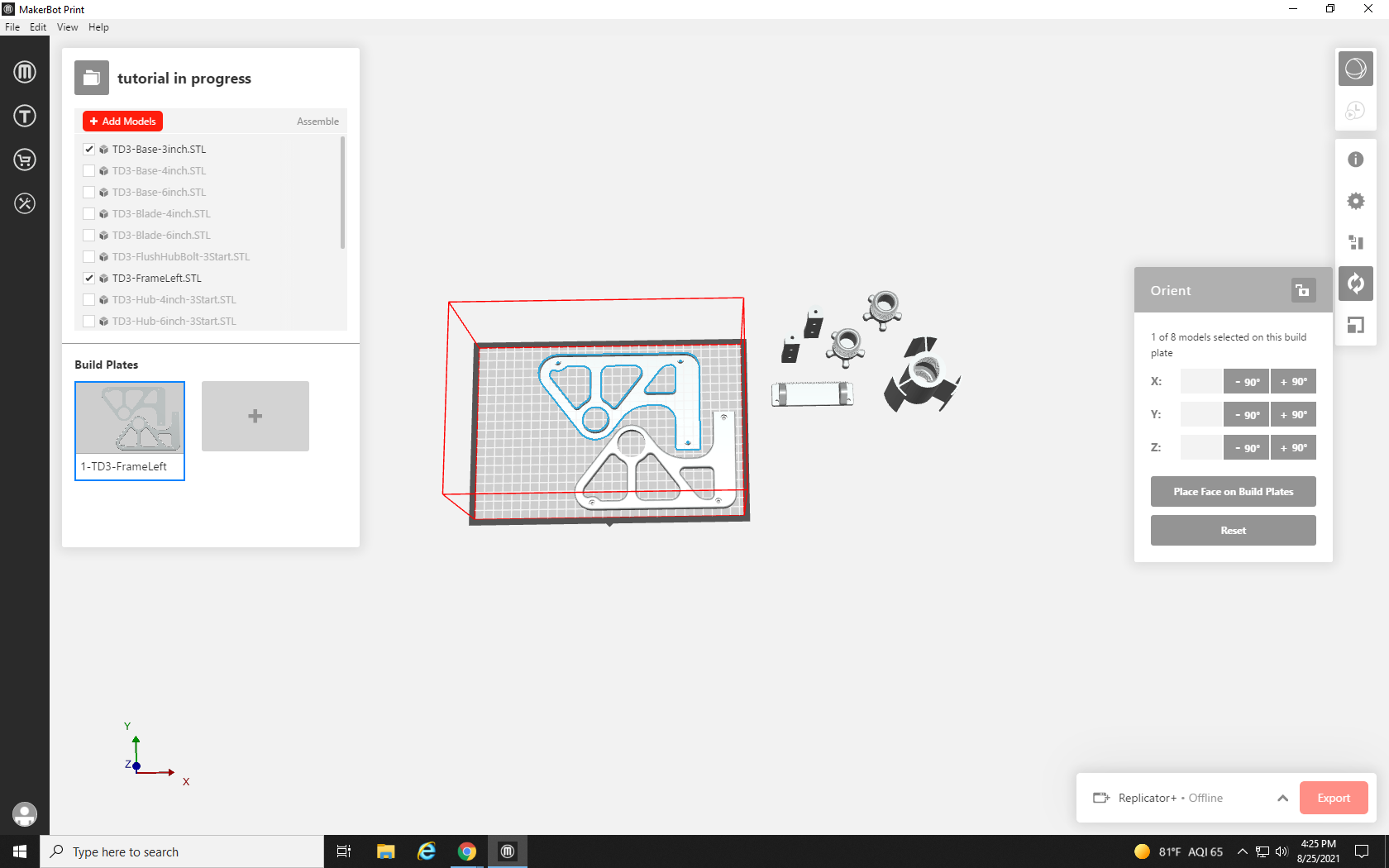 Screenshot of MakerBot Print build plate with both of the largest print parts placed on it. One of the parts has been rotated so that both parts will fit on the build plate.