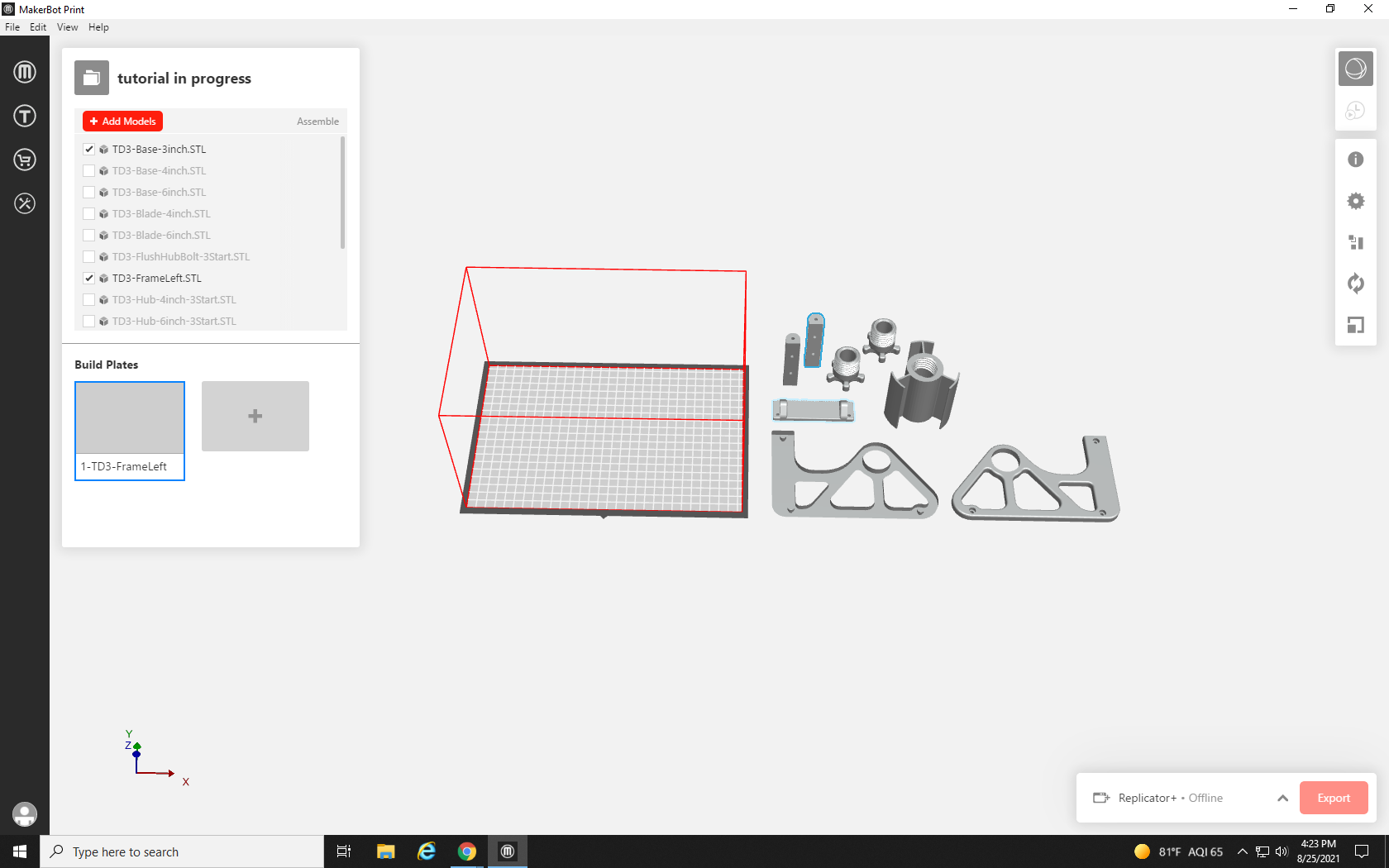 Screenshot of MakerBot Print build plate with all parts to the right of it, including two duplicated small parts.