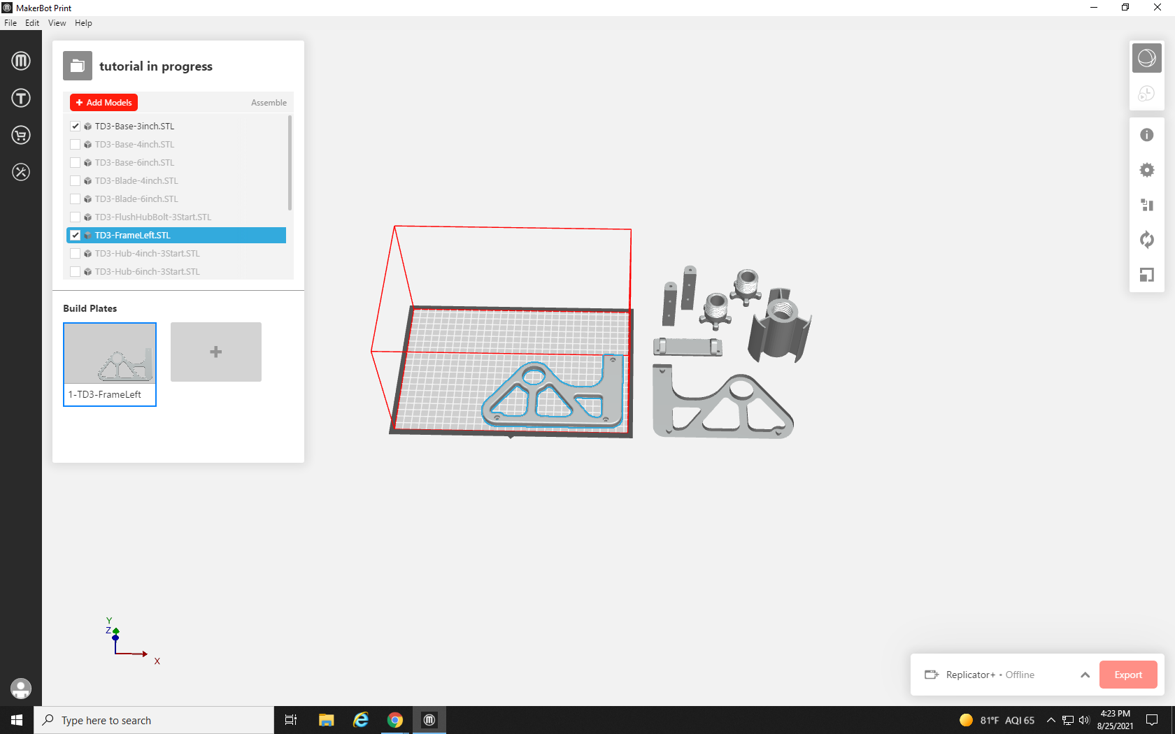 Screenshot of build plate with side frame part placed on it and remaining parts still off to the right.