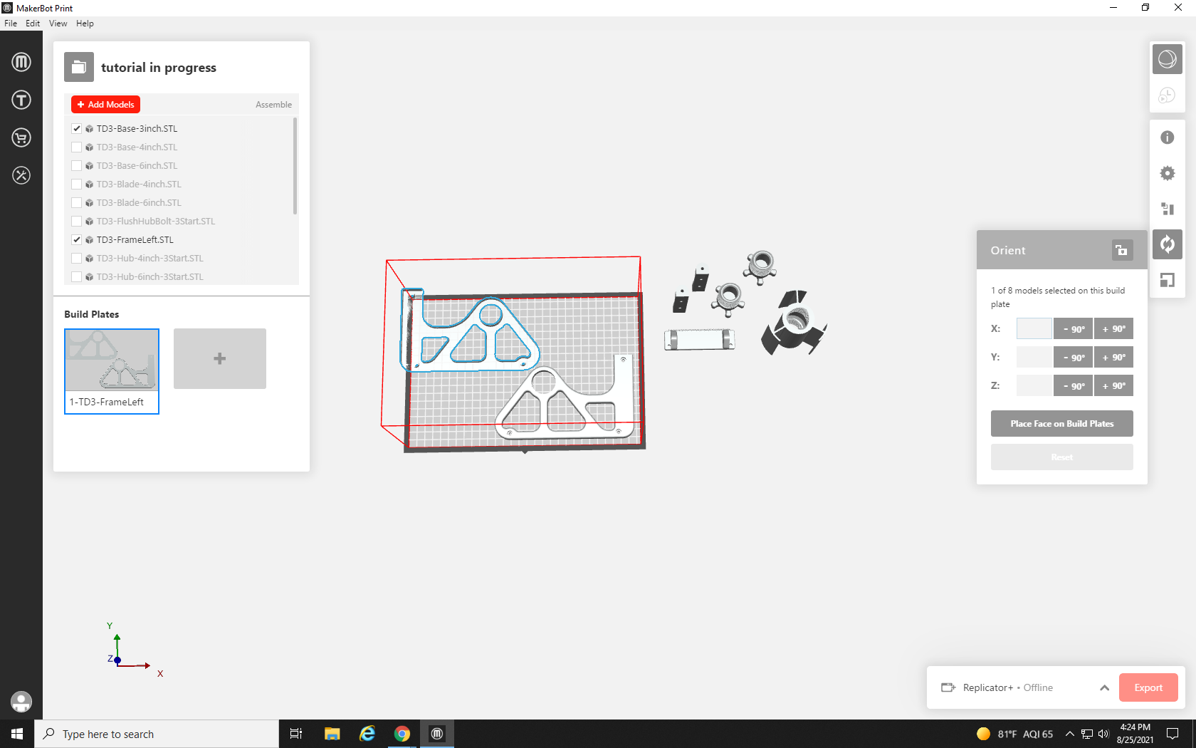 Screenshot of the Orient Tool menu box, with the corresponding part highlighted on the build plate.