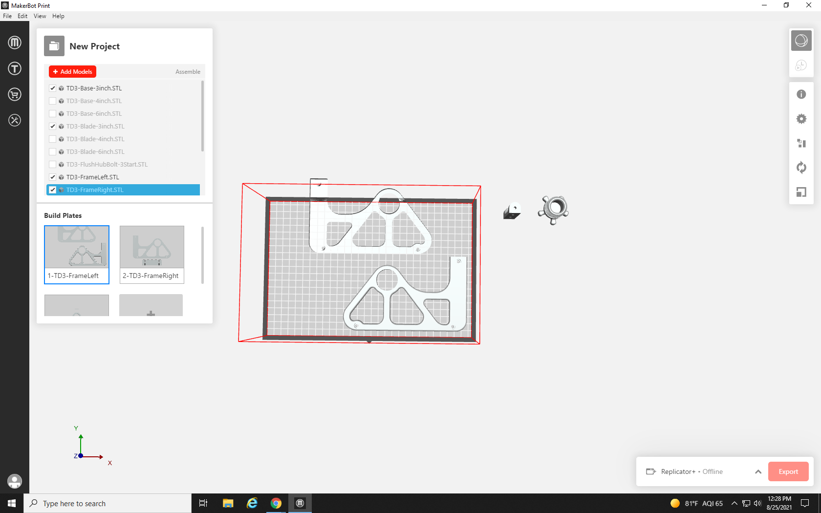 Screenshot of Build Plate 1 with the contents of Build Plate 2 copied onto it, leaving both side parts of the tape dispenser print on the build plate and the smaller parts still off the build plate over to the right.