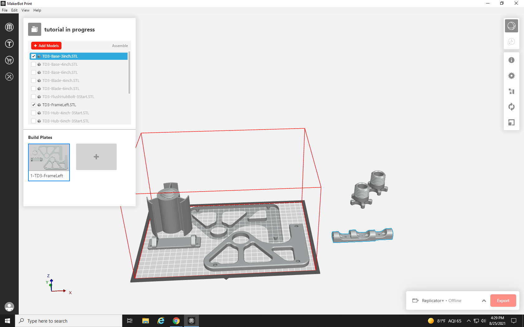 Screenshot of build plate with both reoriented small parts to the right of it, with both rotated and overlapping each other.