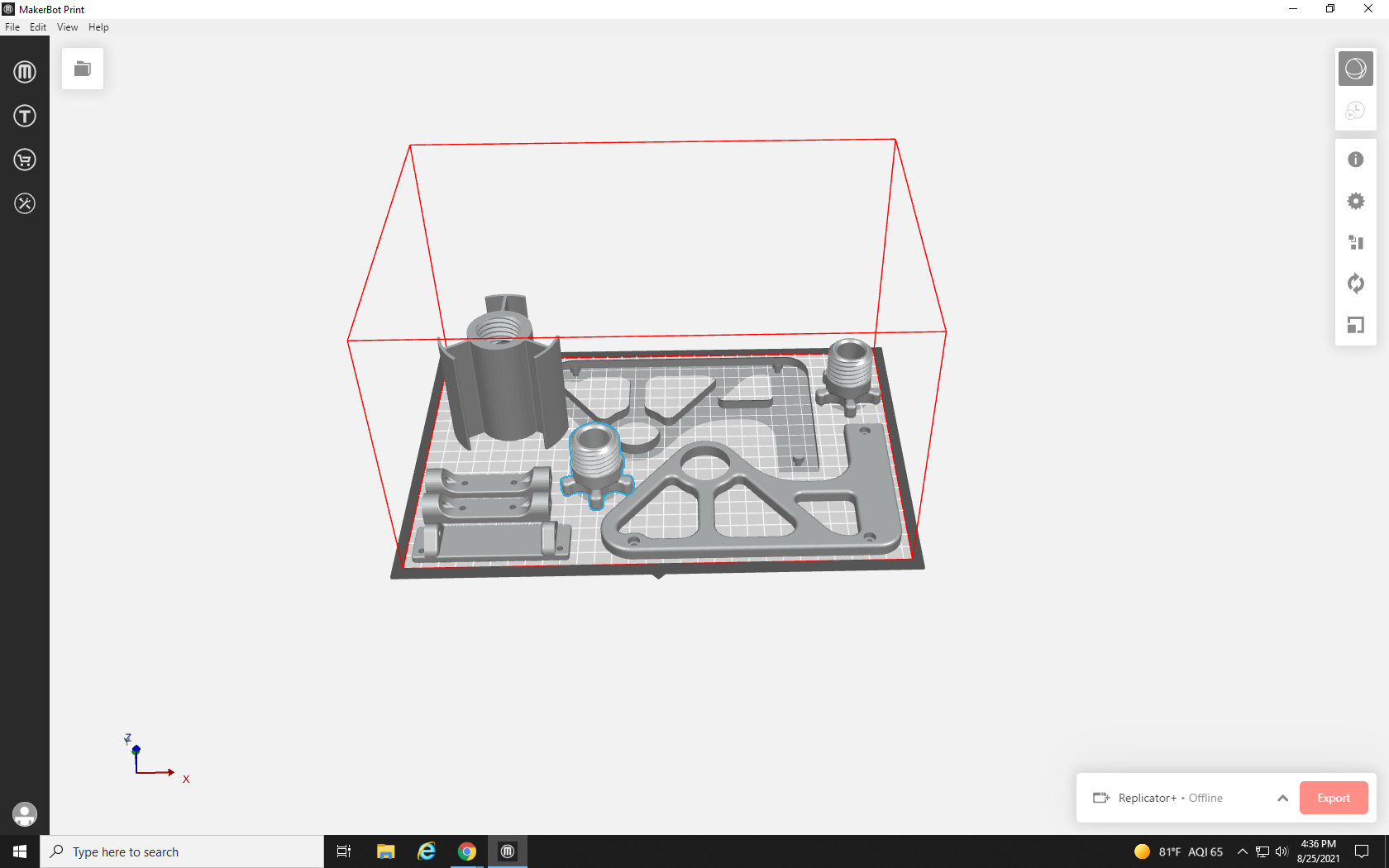Screenshot of the build plate with all parts arranged on the build plate and a red wireframe error showing