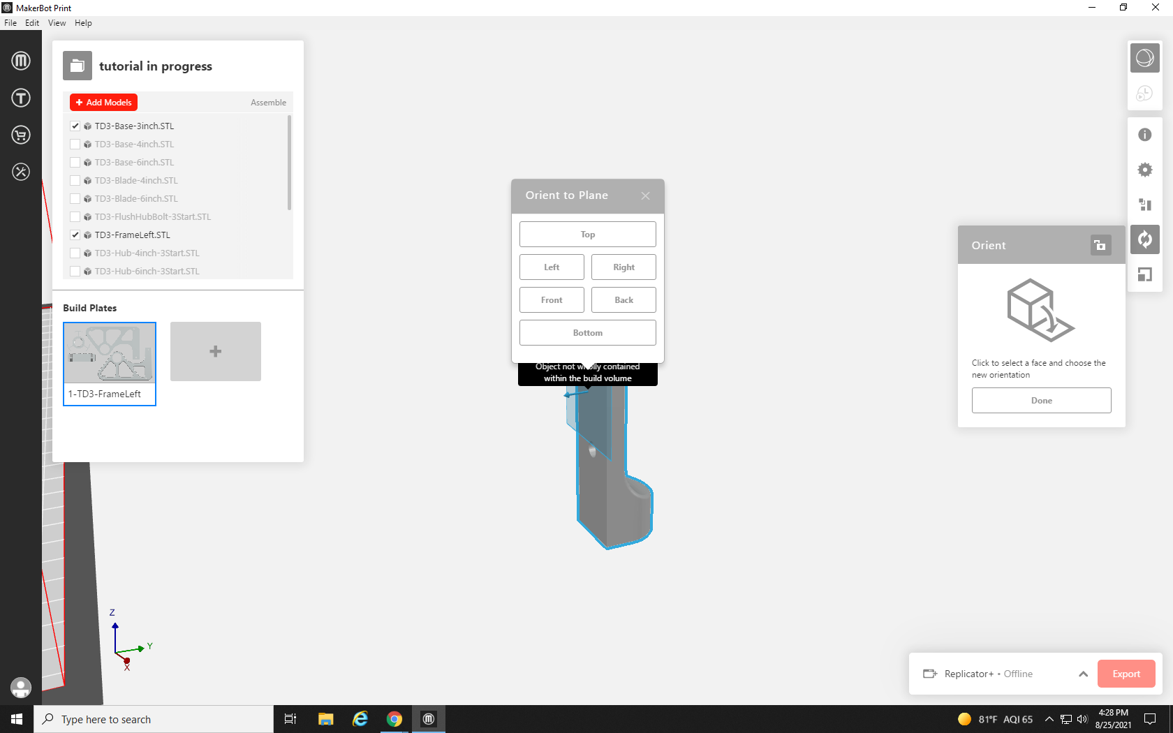 Screenshot of small part with Place Face tool menu open