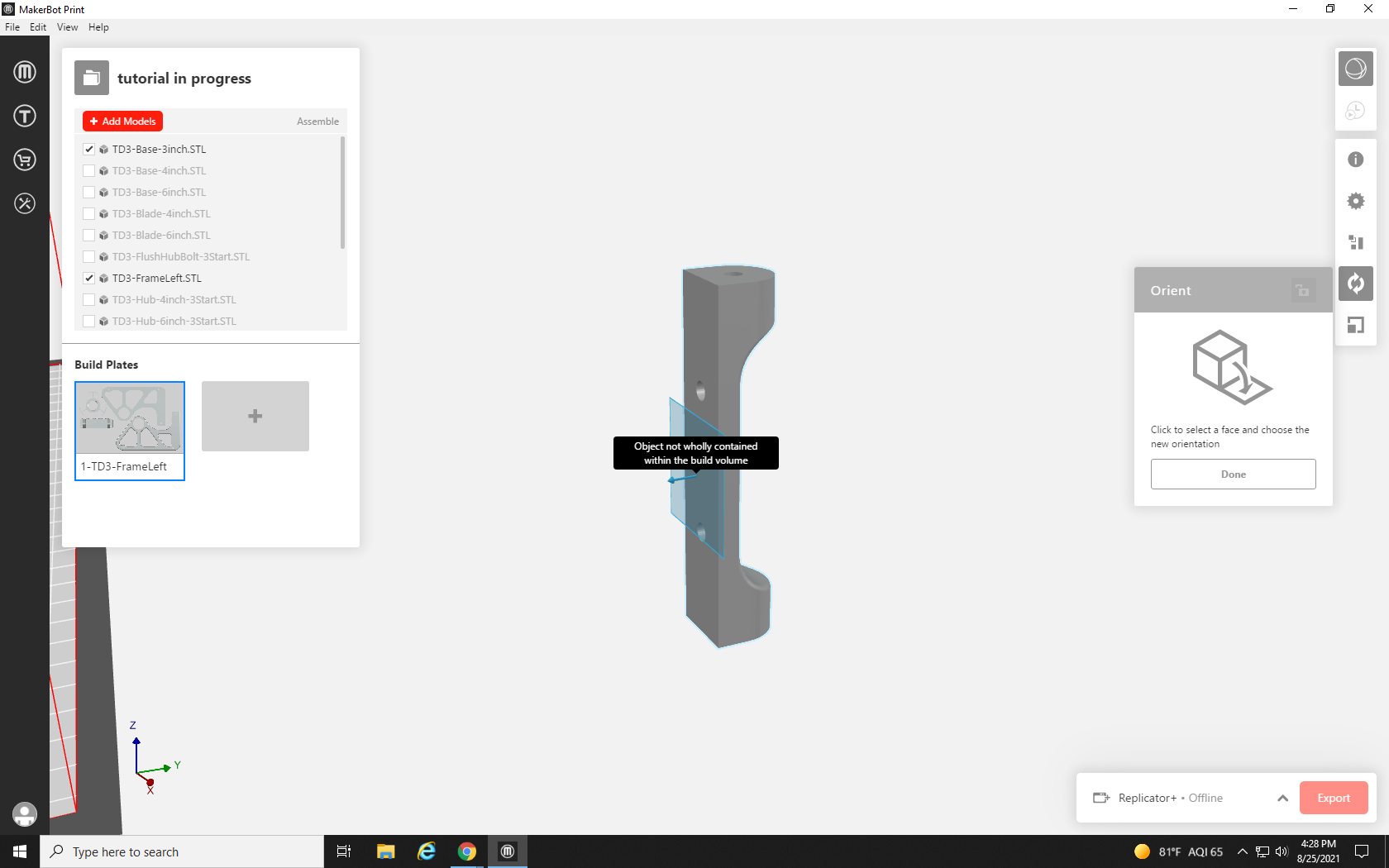 Screenshot of small part with Place Face tool enacted, creating a small blue rectangle on the flat portion of the part.