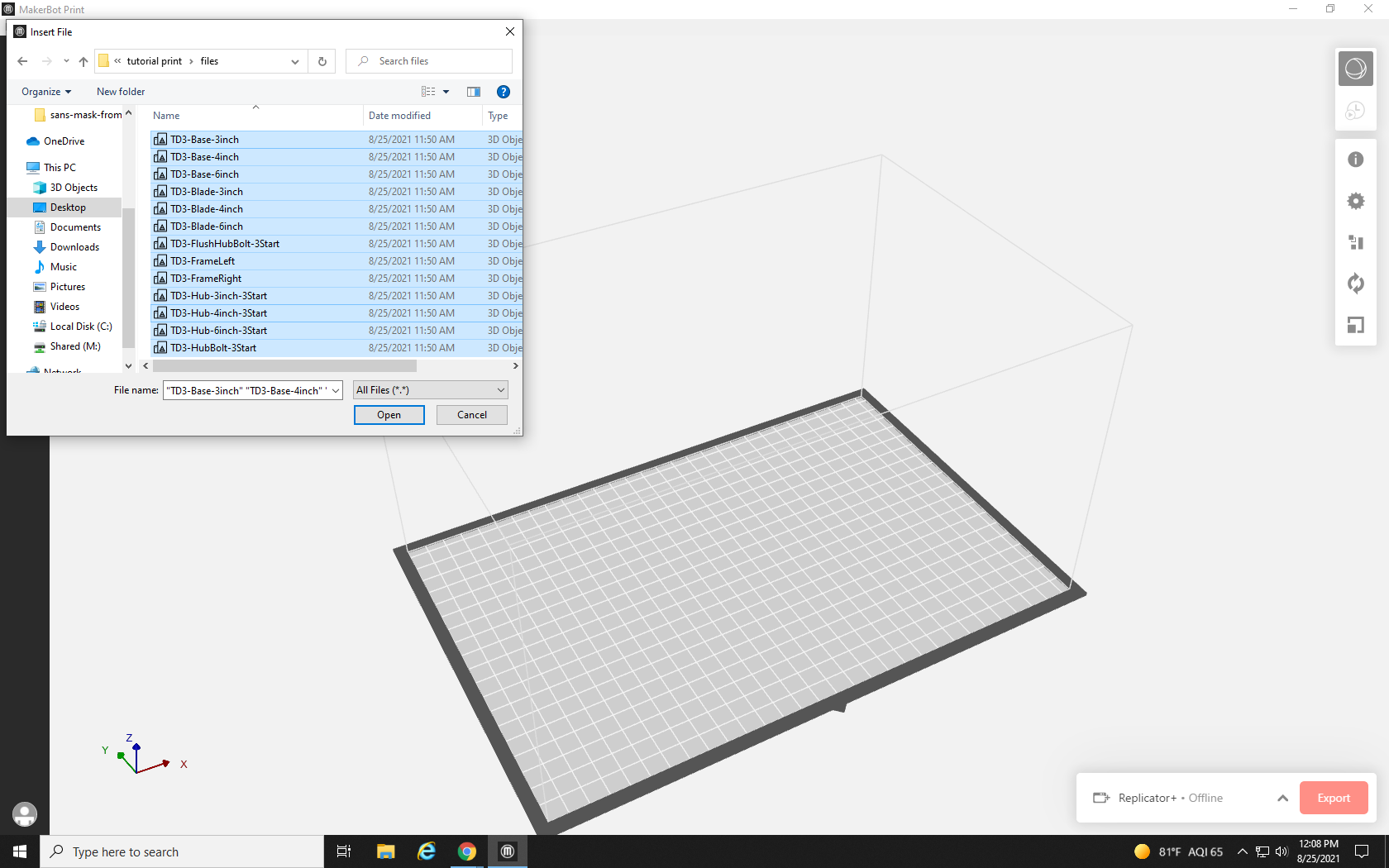 Screenshot of the file browser in MakerBot Print with all files selected to open