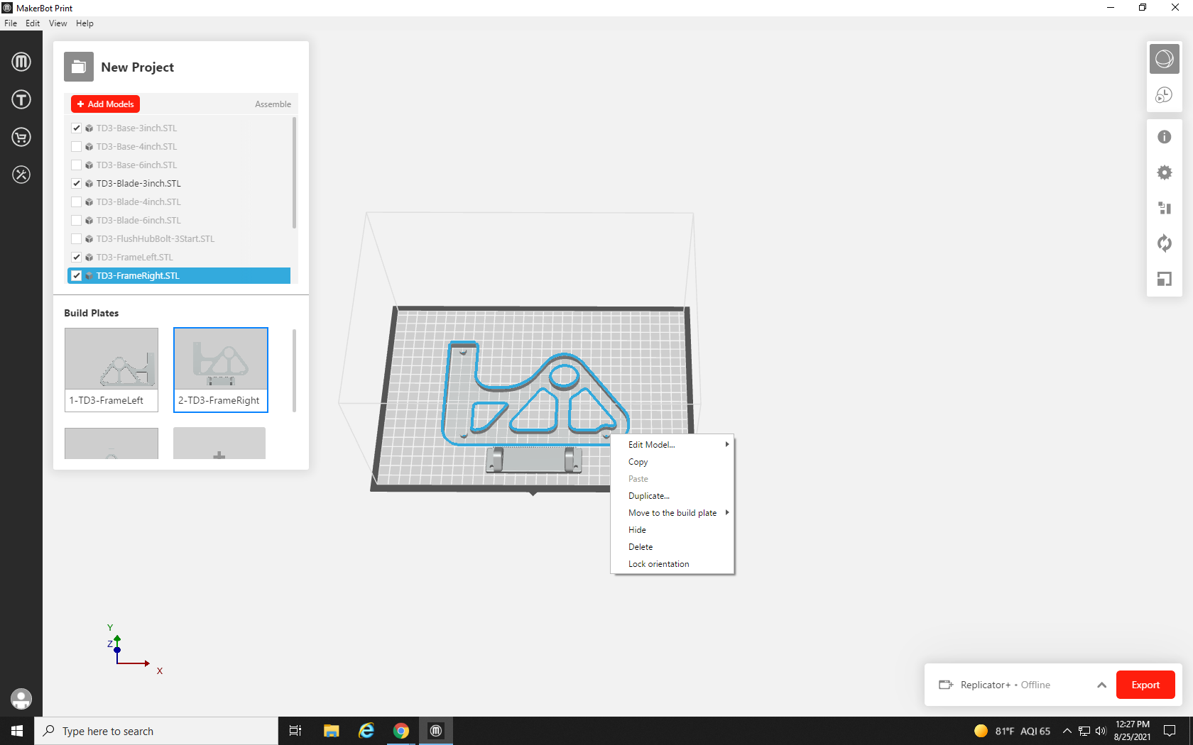 Screenshot showing Build Plate 2 with the single print file for the side of the tape dispenser print. The print file has been right-clicked on, and the pop-up menu from the right-click shows the option to Copy the file.