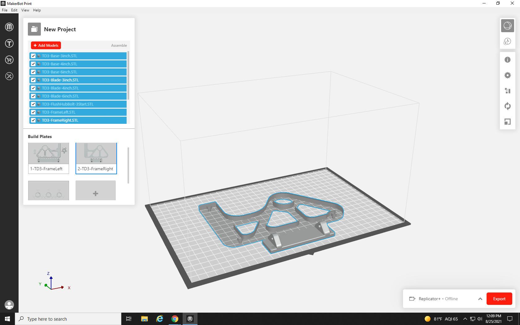 Screenshot of the project's second build plate in MakerBot Print, with only one part on the build plate.