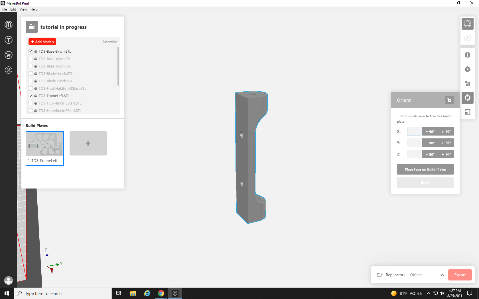 Screenshot featuring a small part with two overhanging edges on the right side.