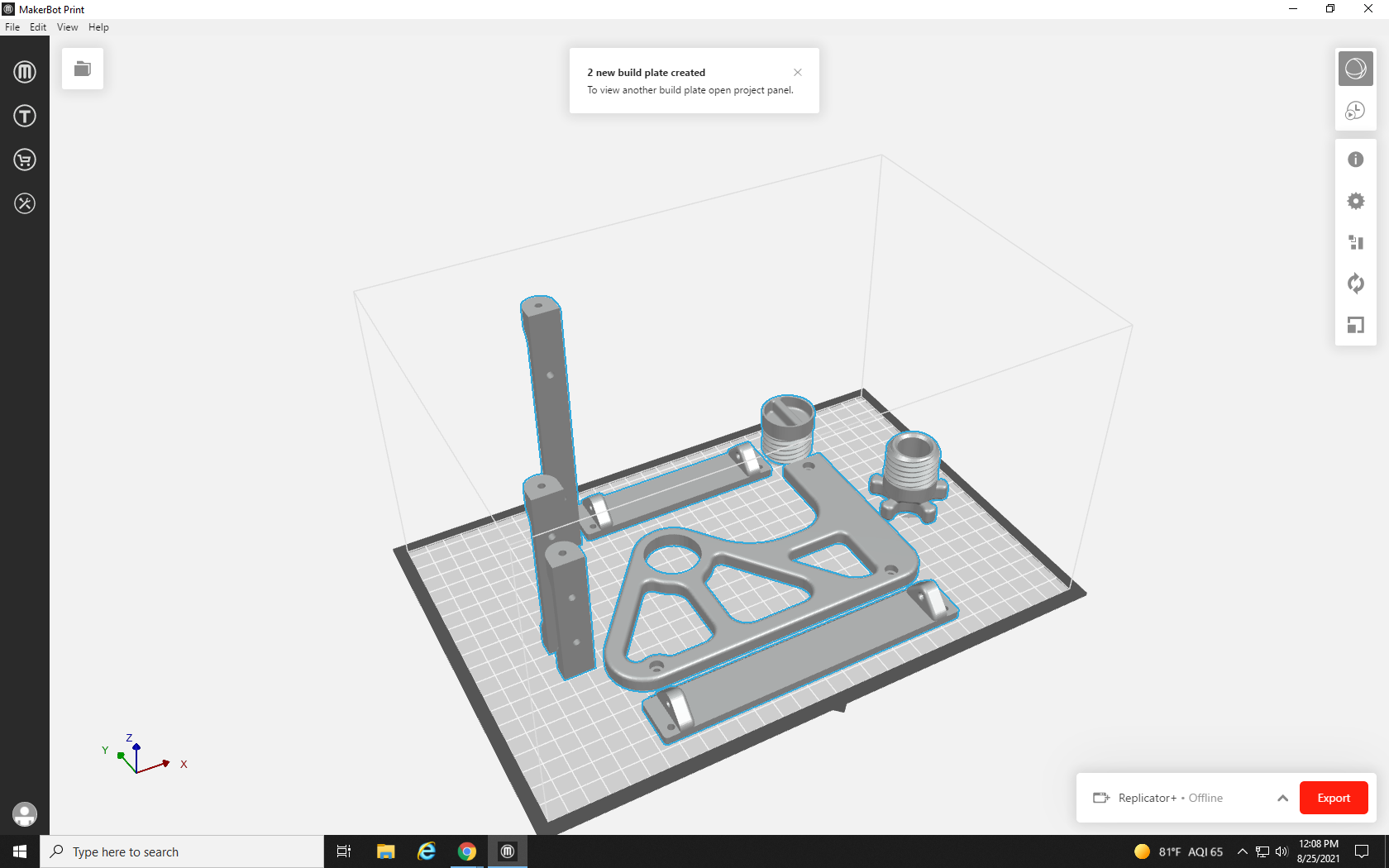 Screenshot of MakerBot Print software with print files automatically arranged on the build plate. In the top right of the screen, a square File icon is highlighted.