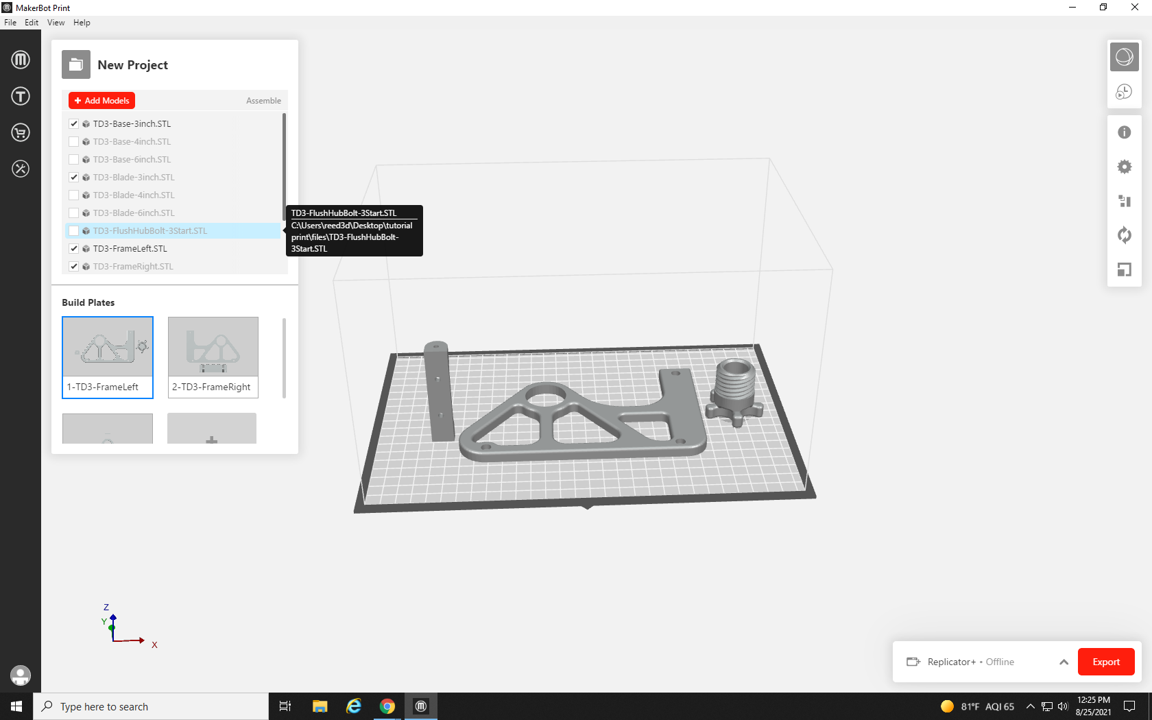 Screenshot of the first build plate for the project with all unnecessary files removed, leaving three parts.