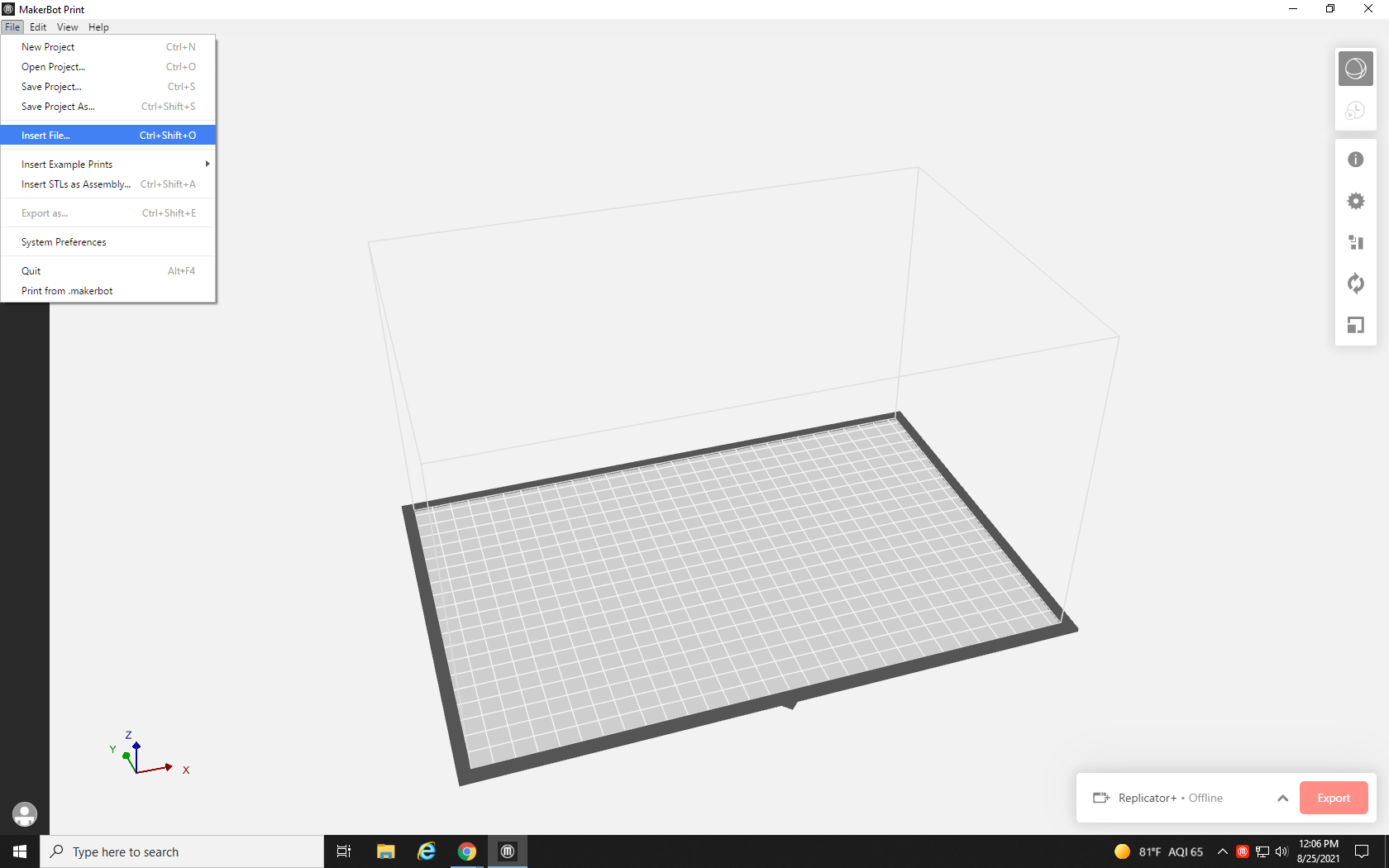 Screenshot of files being inserted into the blank build plate in MakerBot Print