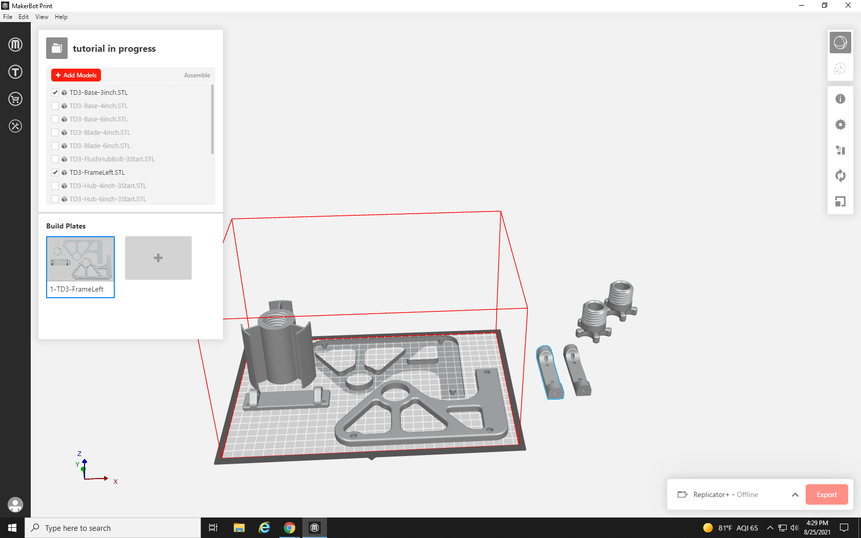 Screenshot of build plate, with reoriented small parts to the right of it. The flat portion of the small parts is now the bottom of the parts.