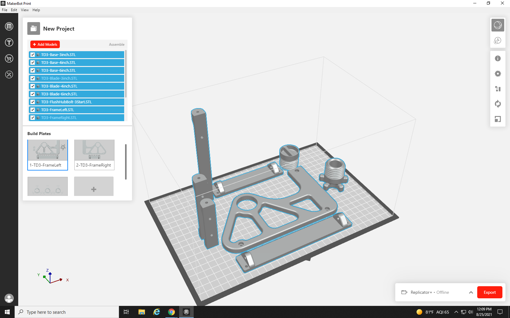 Screenshot of MakerBot Print software with print files on the build plates and the Project management window open to show all included project print files and previews of the project's multiple build plates.