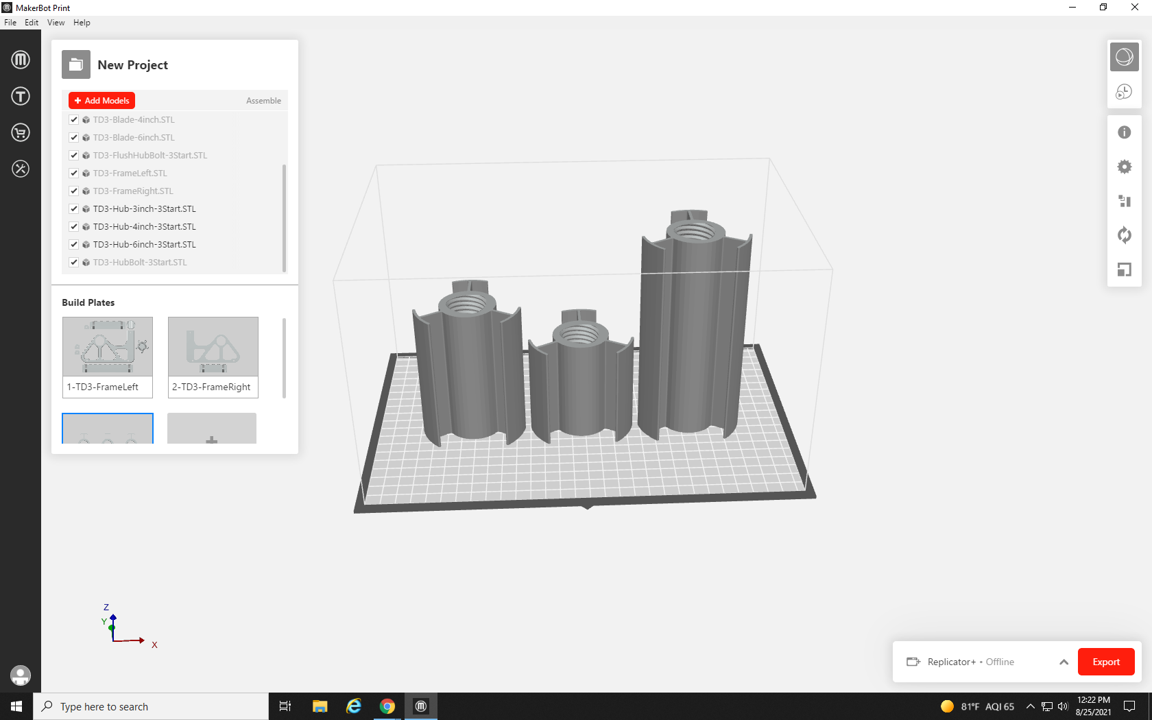 Screenshot of the project's third build plate, showing three rollers that have been automatically arranged on it.