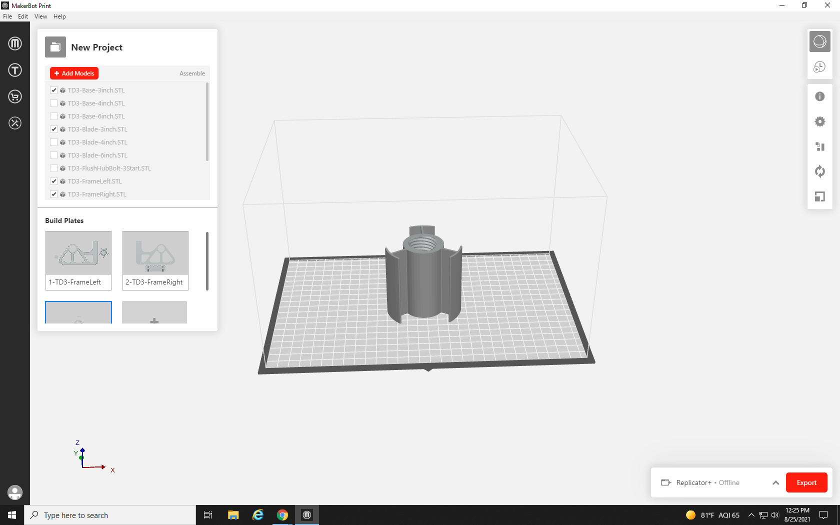 Screenshot of the third project build plate with the correct roller file remaining.
