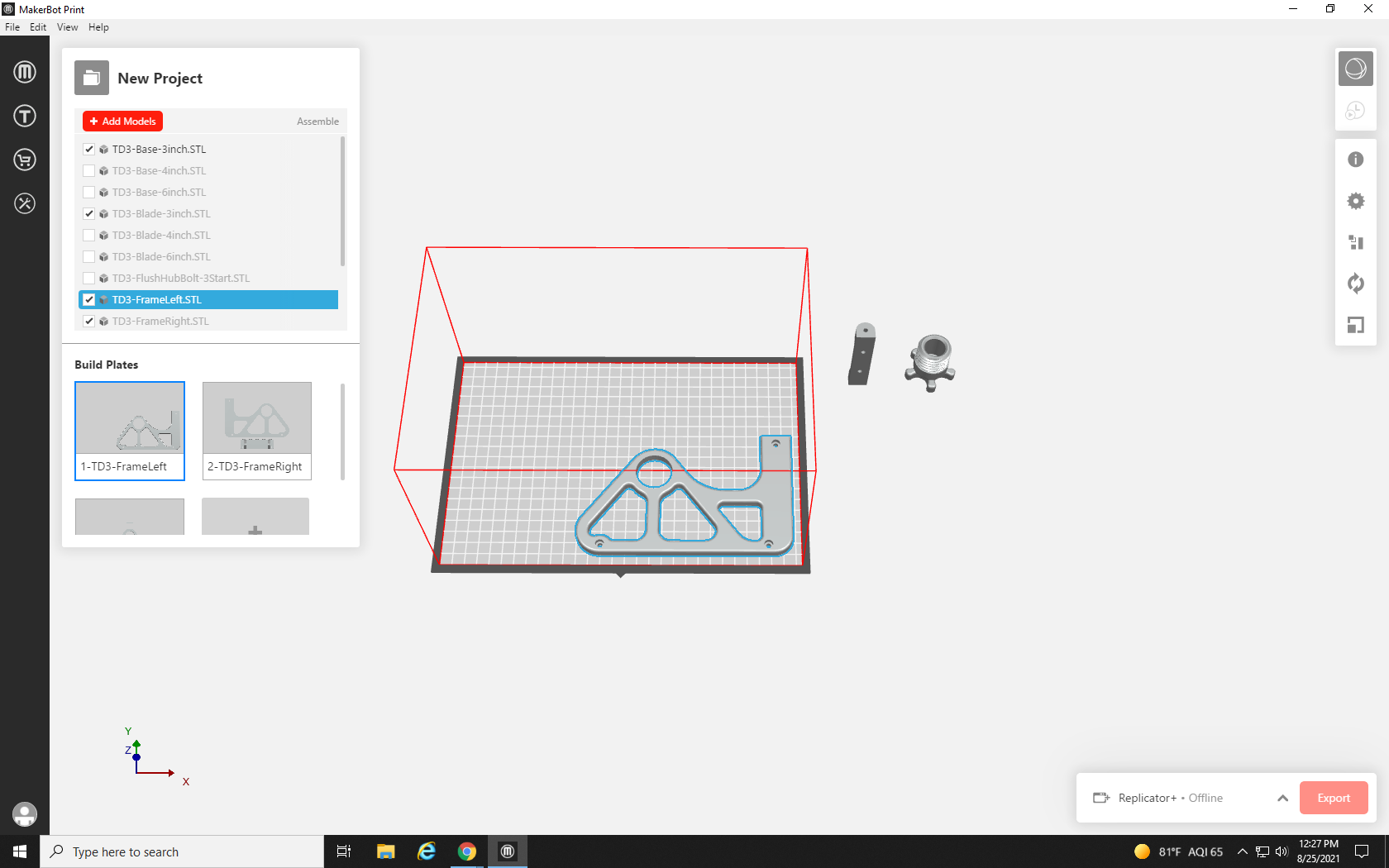 Screenshot showing the process of dragging print files off of the build plates in MakerBot Print, with files being dragged to the right of the build plate for repositioning.