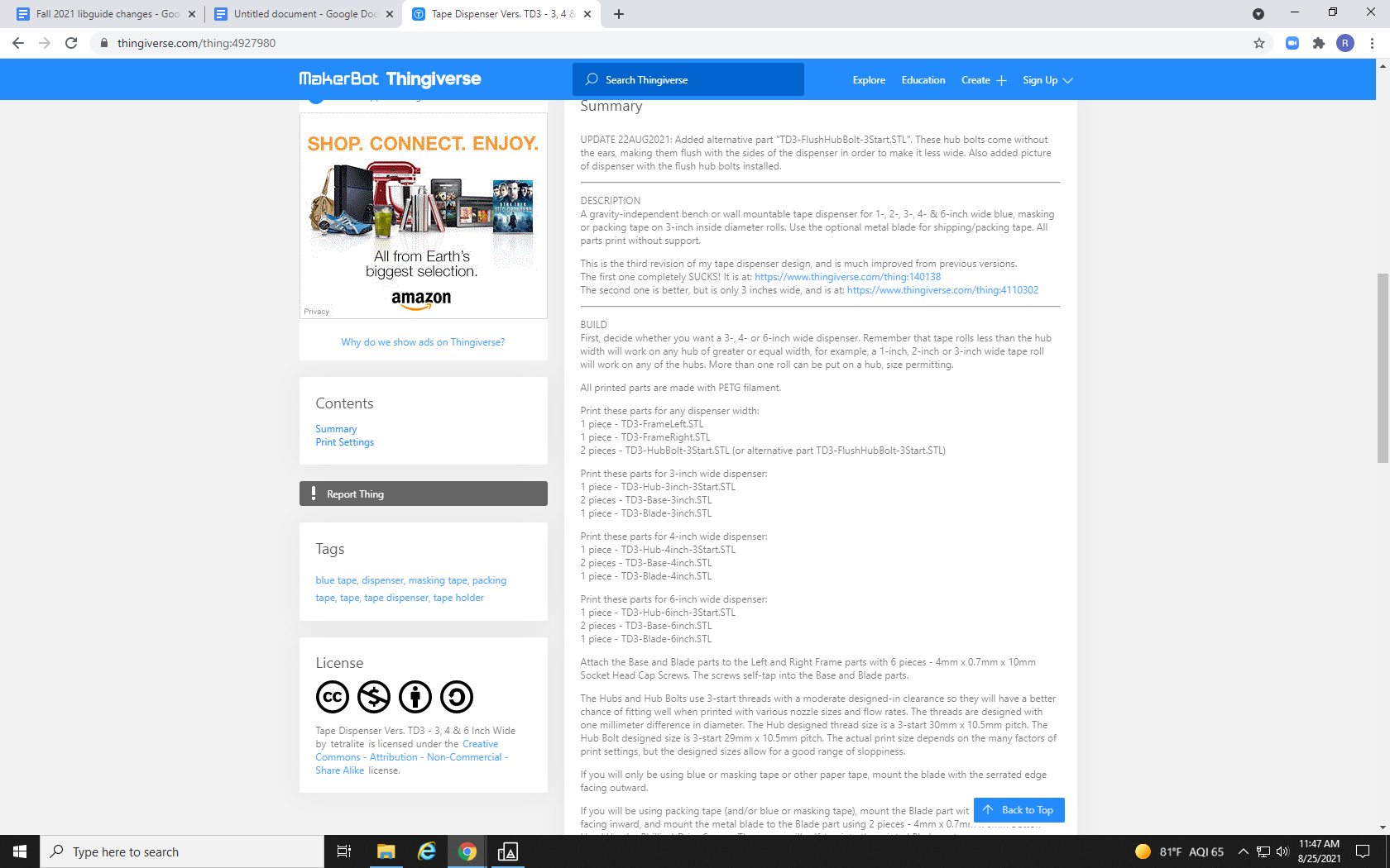 Screenshot of Thingiverse showing the print's project description and associated necessary parts.