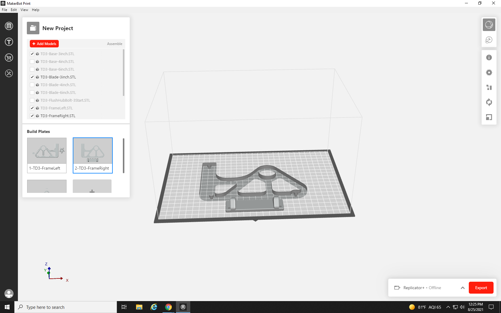 Screenshot of the second build plate, still with only one file for the side of the tape dispenser on it.