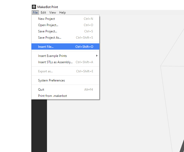 Screenshot of inserting a file in MakerBot Print software