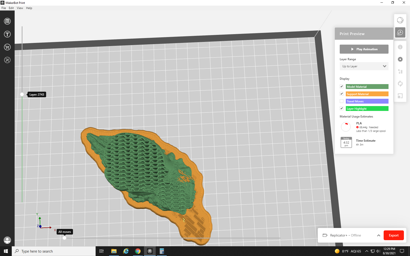 screenshot of a 3D model in MakerBot Print with reduced Infill density, showing a larger-sized sunglasses pattern inside of the 3D model
