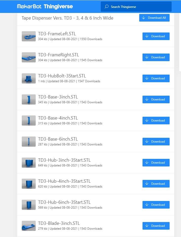 Screenshot of individual 3D print parts on Thingiverse