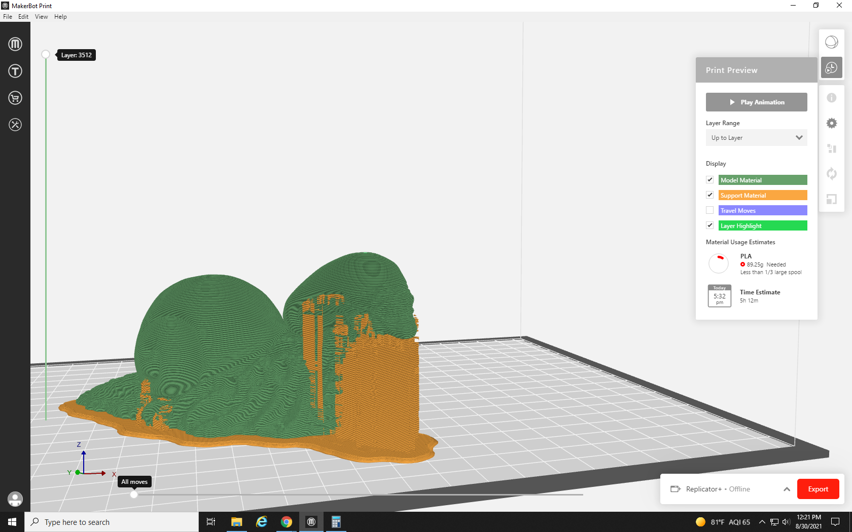 screenshot showing 3D model with excessive support material in MakerBot Print