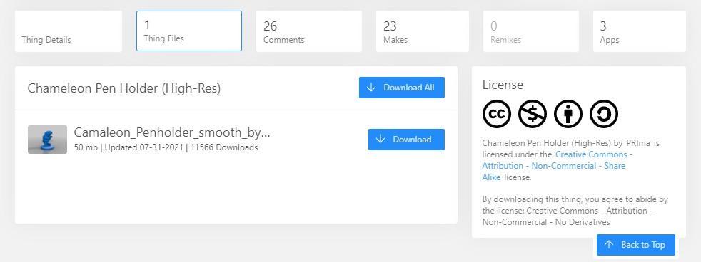 Screenshot of 3D print file details on Thingiverse