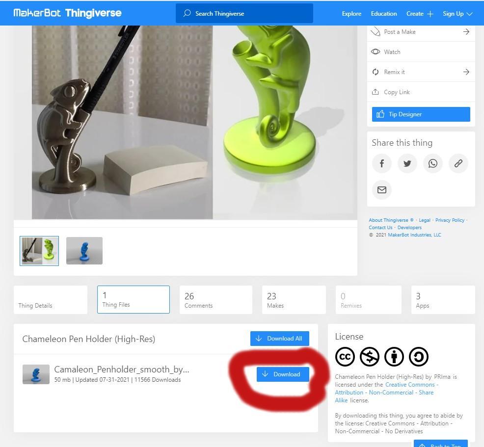 Screenshot of 3D print file download options in Thingiverse