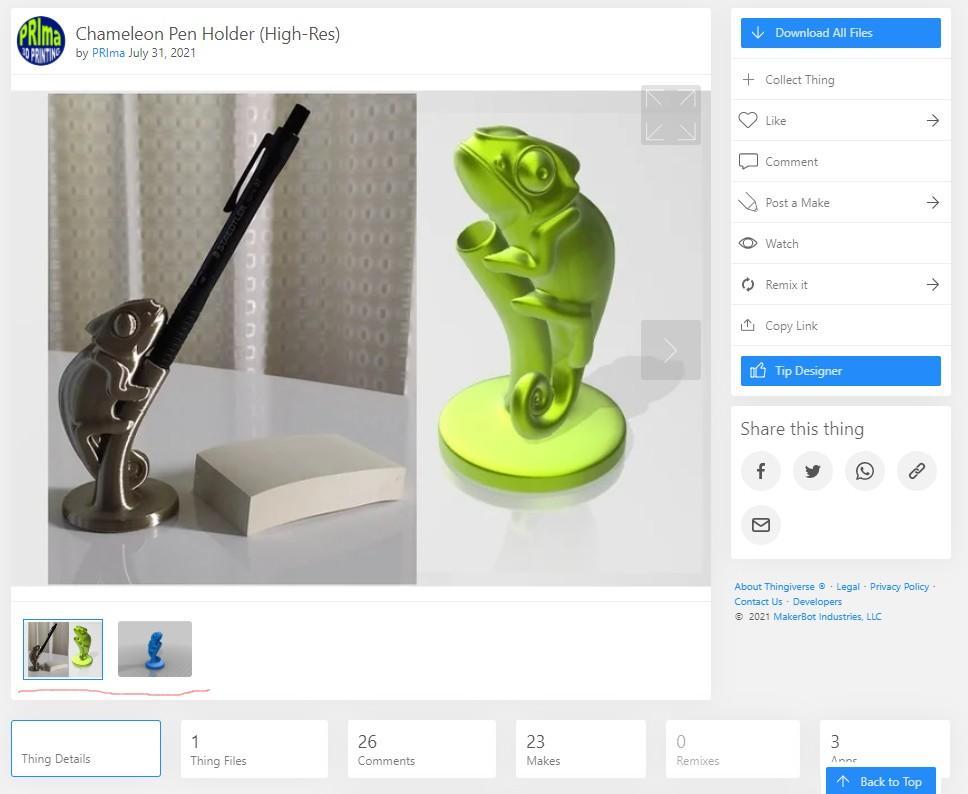 Screenshot of the item page for Chameleon Pen Holder (High-Res) by PRIma on Thingiverse