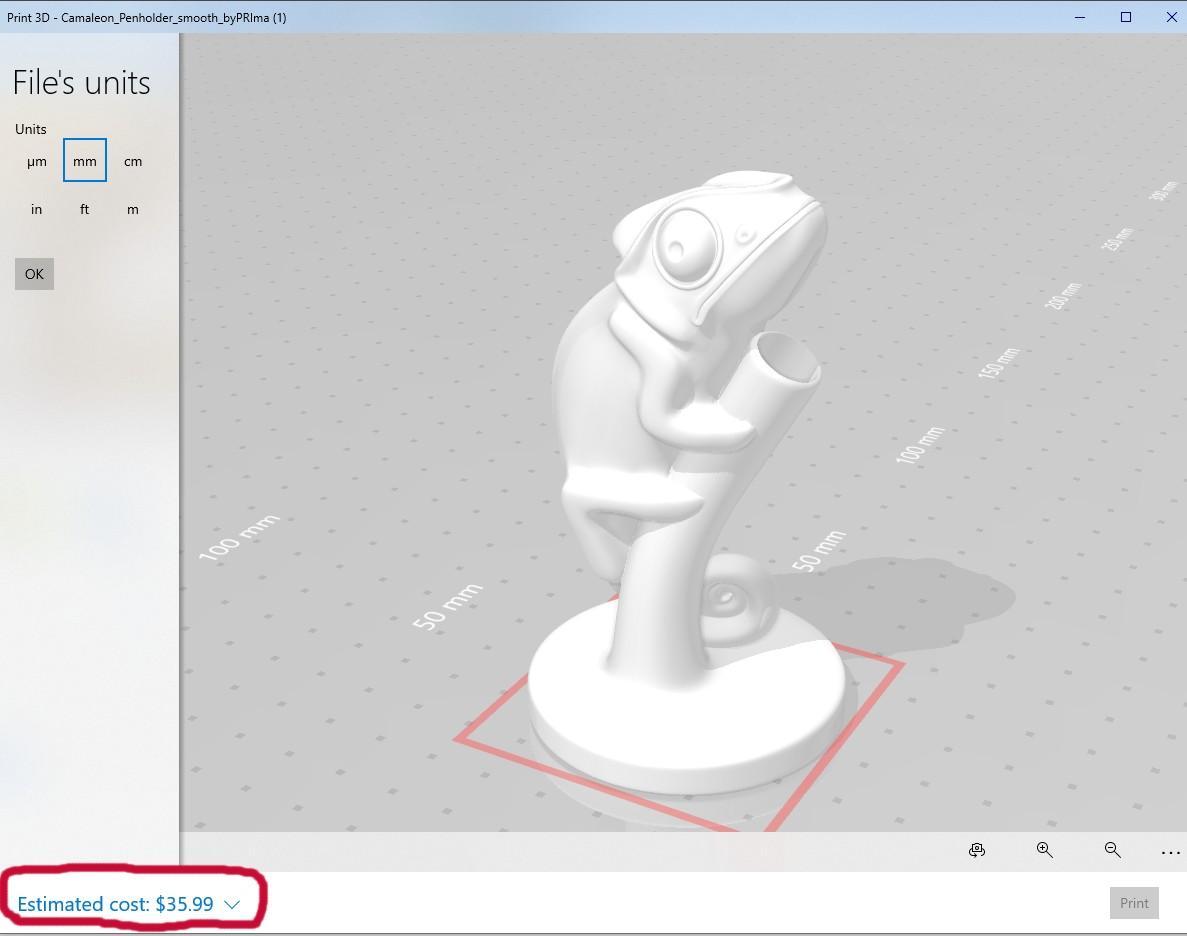 Screenshot of 3D viewer program showing cost estimation of chameleon pen holder