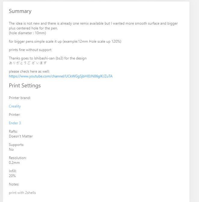 A screenshot of print file details on Thingiverse