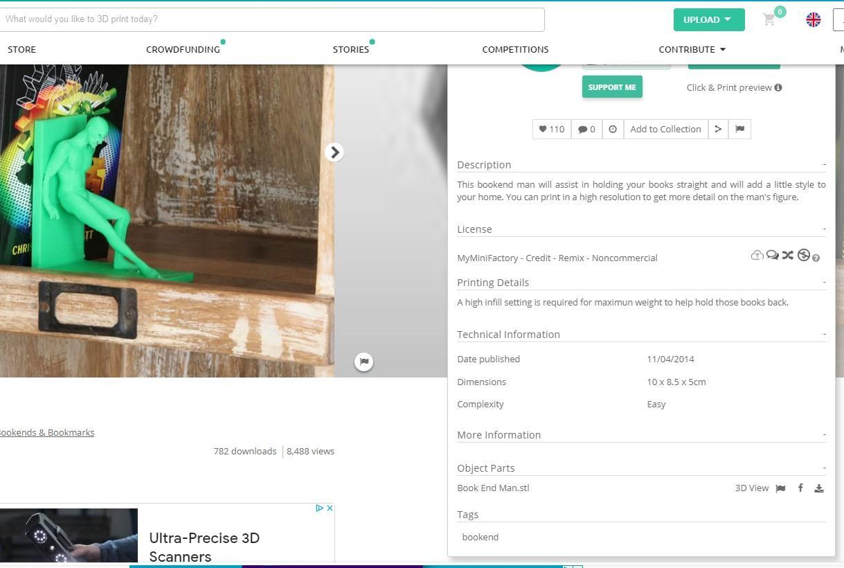 Screenshot of 3D print details and assembly instructions on MyMiniFactory