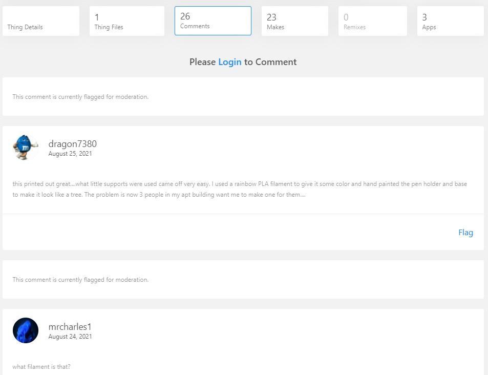 Screenshot of user comments on Thingiverse