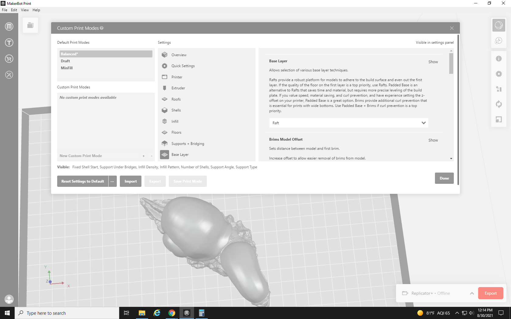 screenshot of base print layer options in MakerBot Print