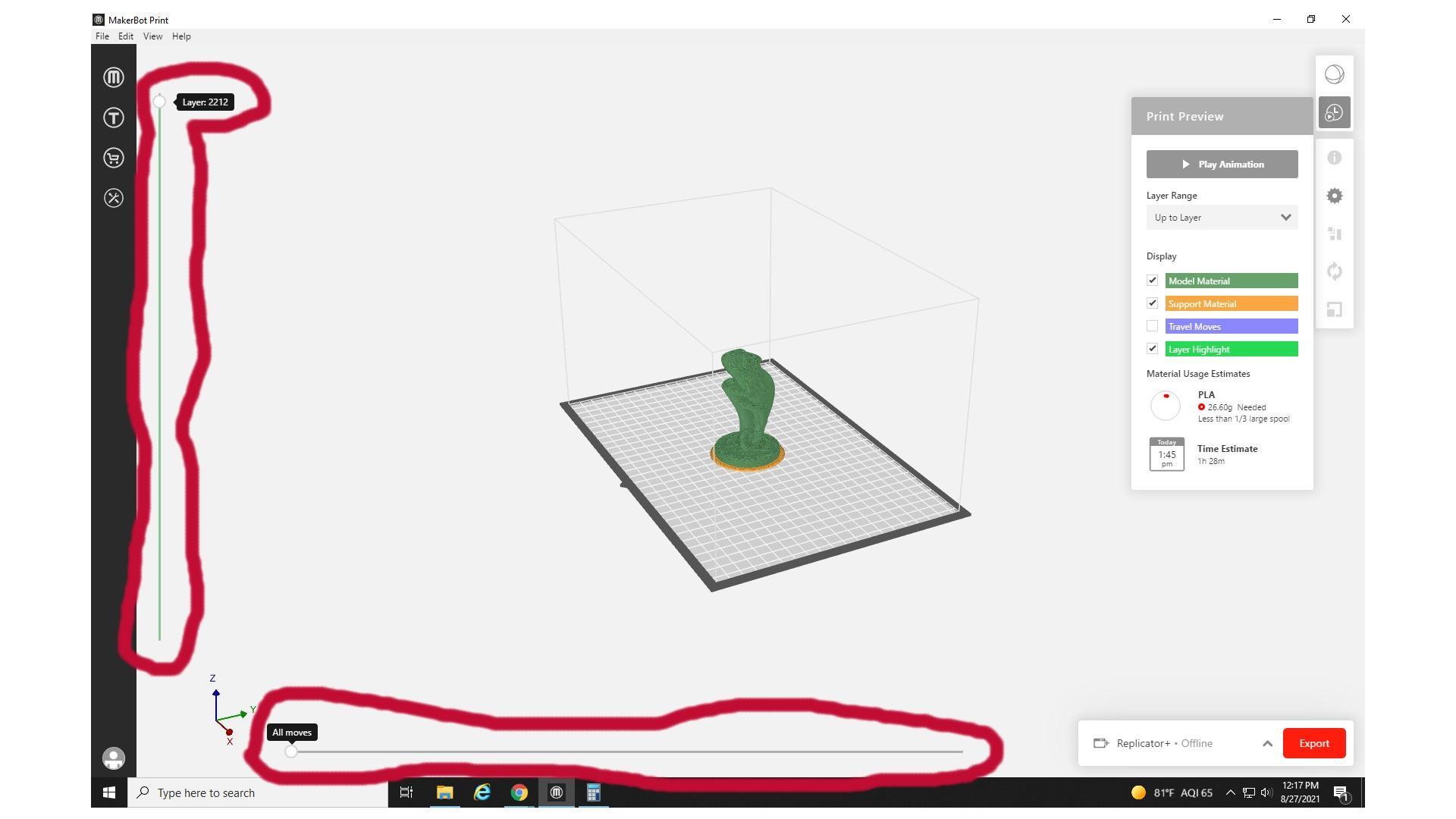 Screenshot of MakerBot Print software highlighting the slicing sliders