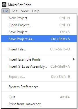 Screenshot of MakerBot Print software detailing Save options