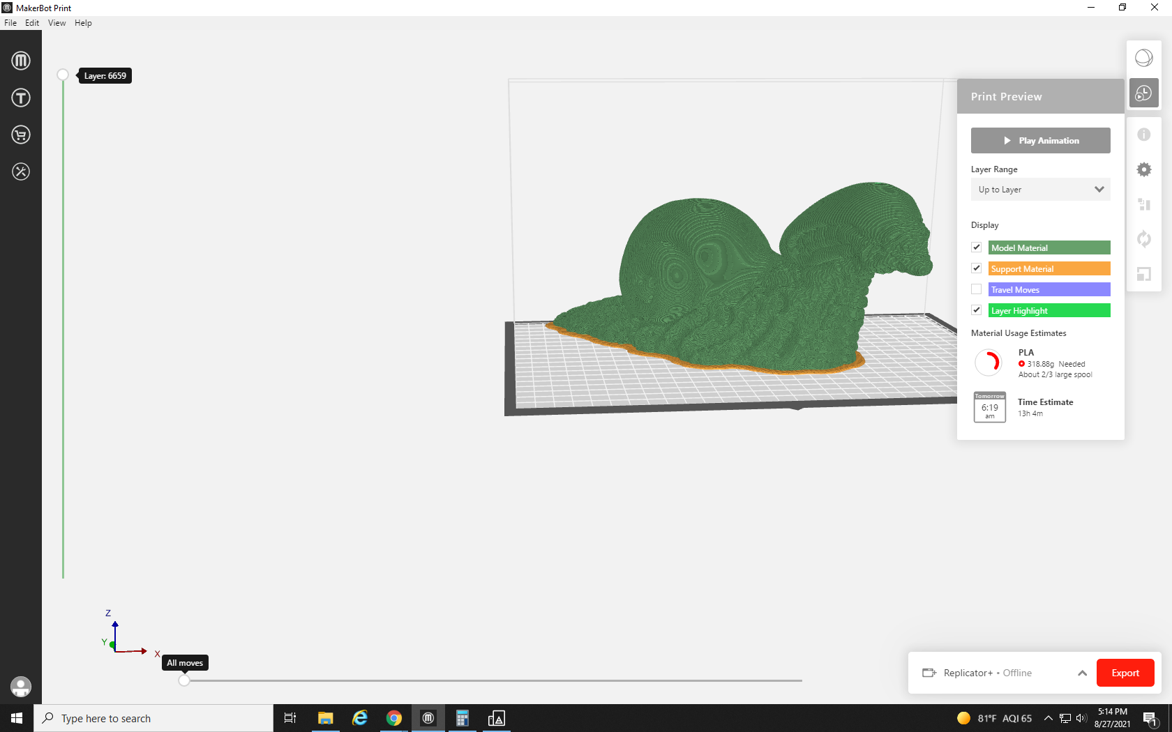 screenshot showing the estimated time and materials needed to create the snail-alien 3D model in MakerBot Print