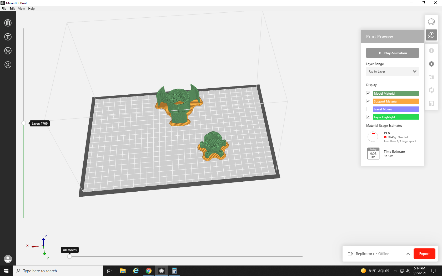 Screenshot showing Print Preview for Build Plate 3 in MakerBot Print
