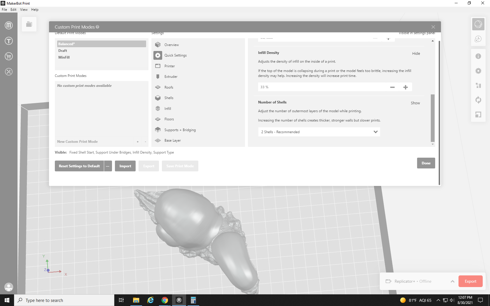 screenshot showing the number of shells menu in MakerBot Print