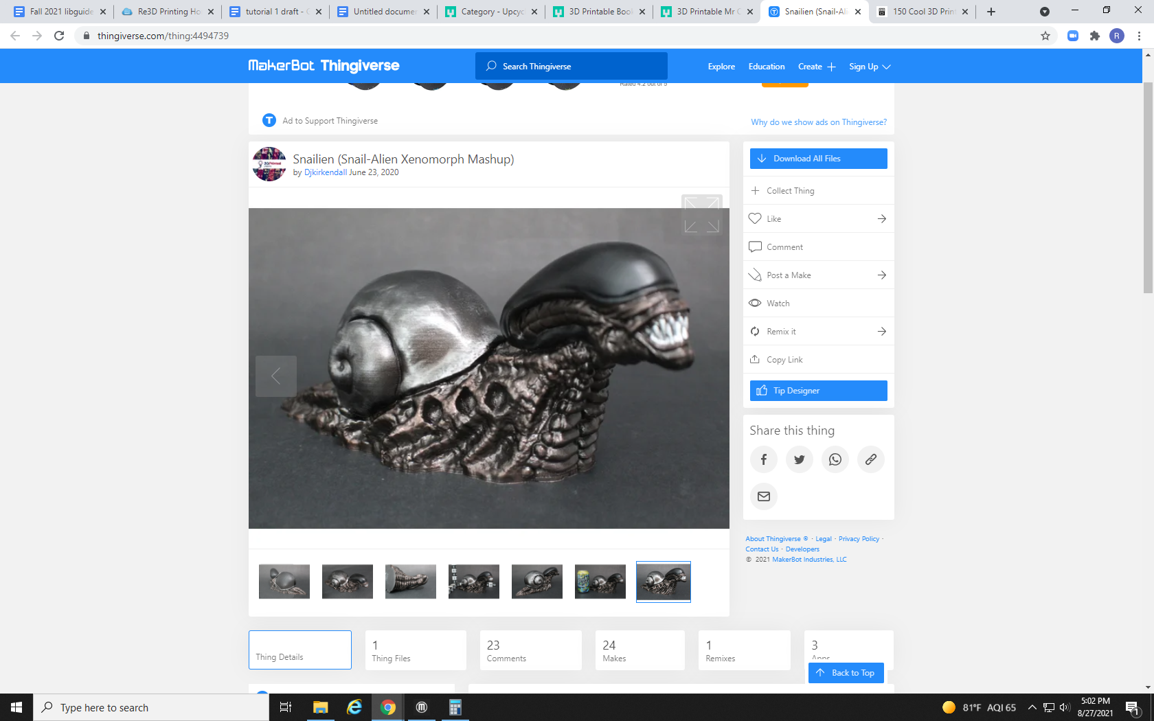 screenshot of 3D printed model of a snail combined with the xenomorph from the Alien movie series from the Thingiverse website