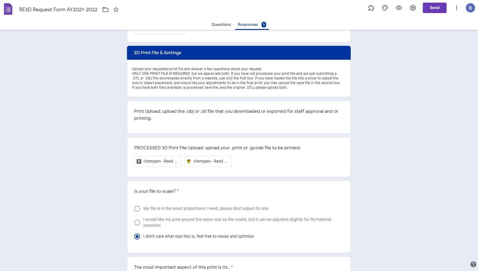 Screenshot of Re3D Request Form from the staff perspective